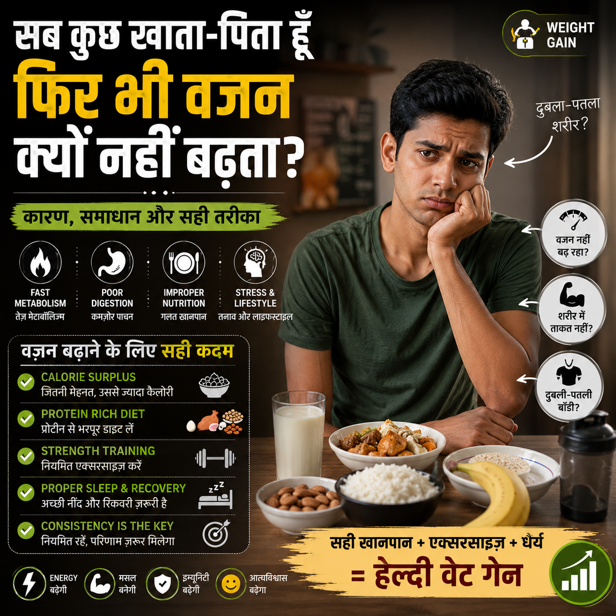 Frustrated thin young Indian man sitting with a full plate of healthy food, worried about not gaining weight despite eating everything due to poor digestion and fast metabolism