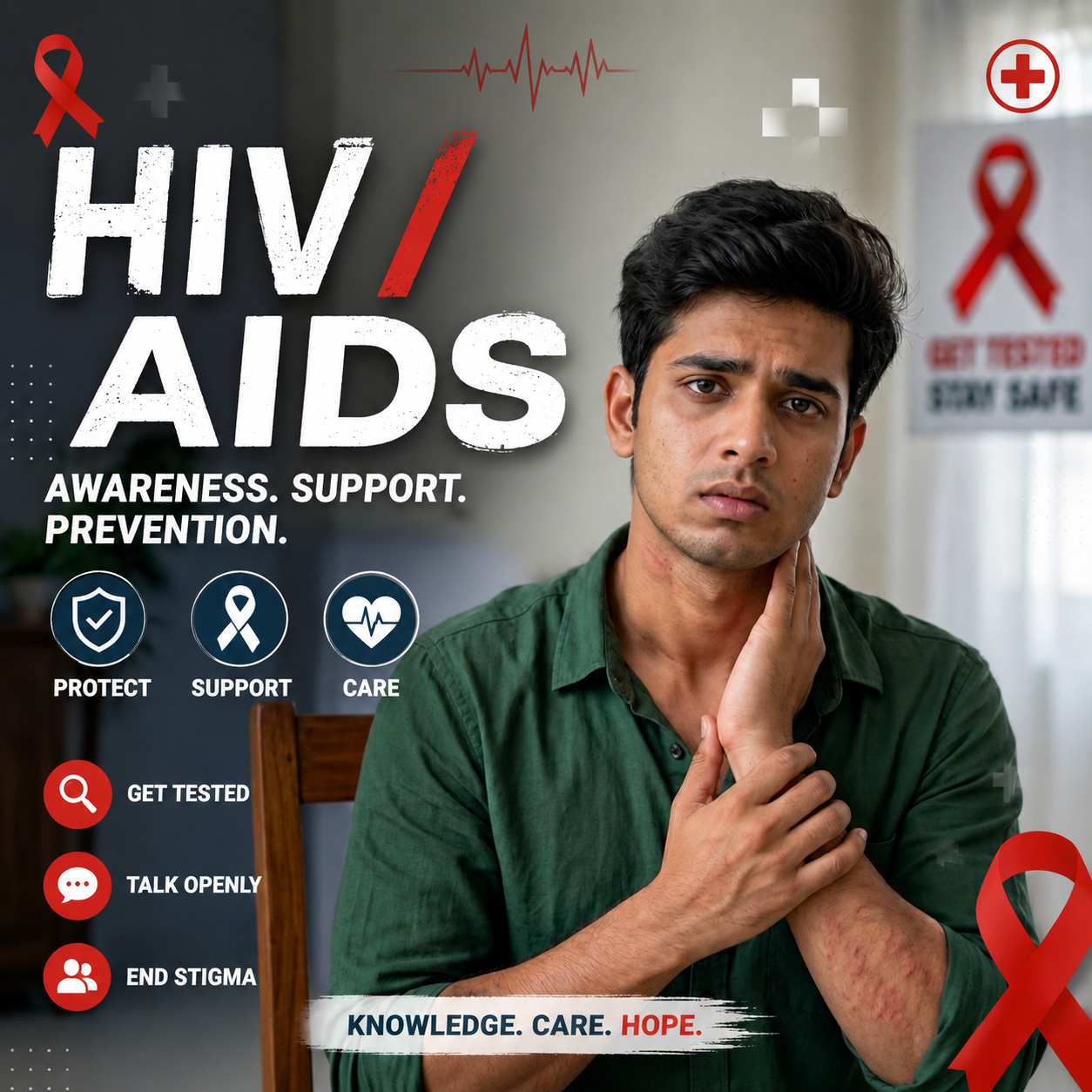 Worried young man checking neck for swollen lymph nodes and skin rashes as early symptoms of HIV AIDS in 2 to 6 weeks"