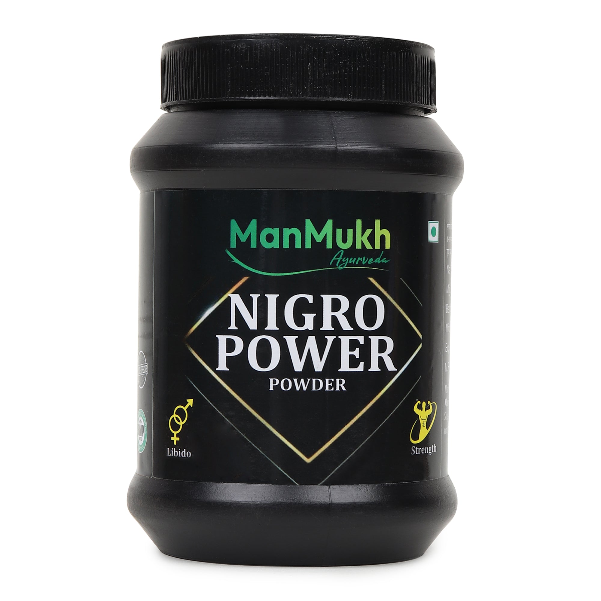 Front view of ManMukh Ayurveda Nigro Power Powder black jar, an authentic ayurvedic medicine for improving libido and physical strength